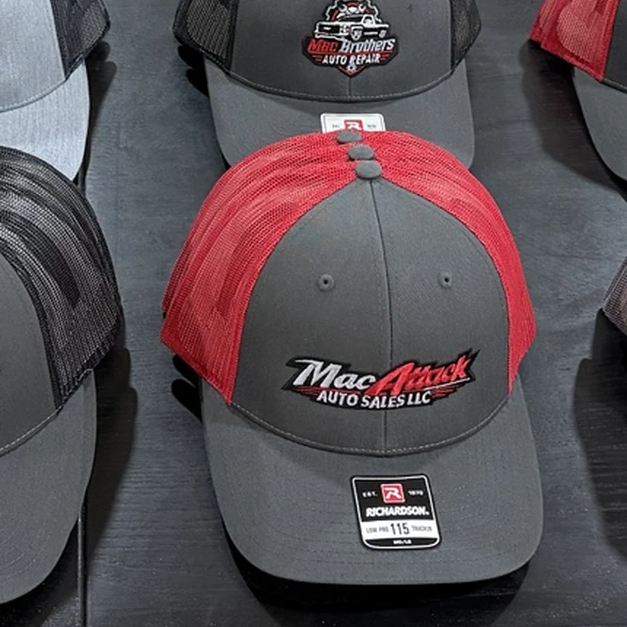 Mac Attack charcoal and red trucker hat