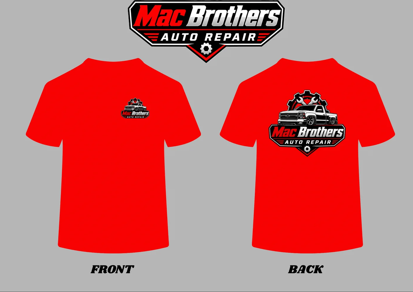 Red Mac Brothers Auto Repair shirt front and back design